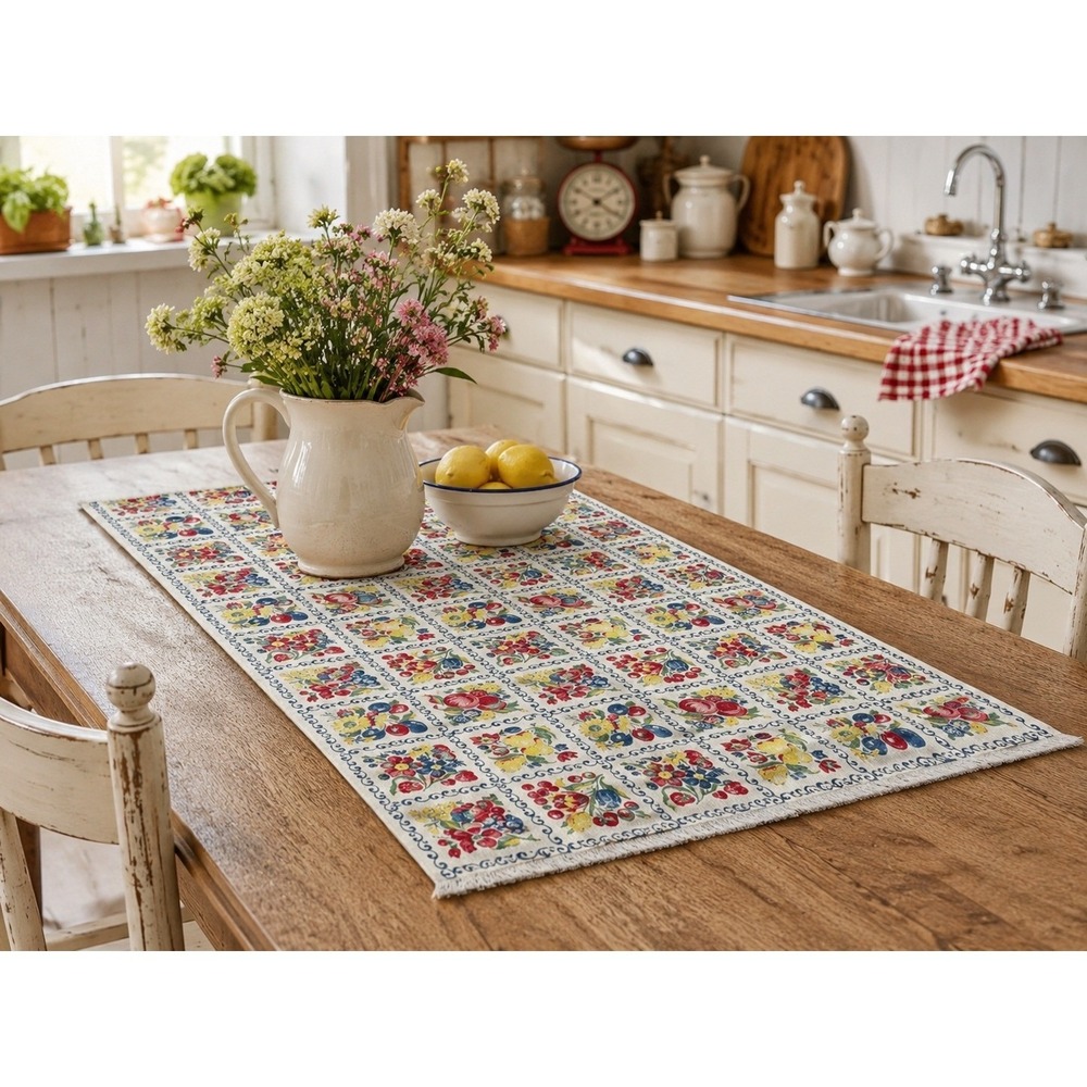 Vintage Fruit Floral Tile Print Fringed Linen Kitchen Towel Table Runner 47x29